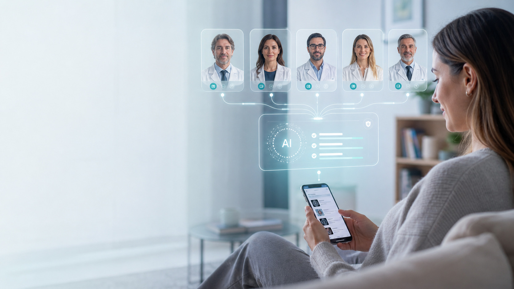 Paciente consultando MADI desde su celular: panel de 5 médicos revisando el caso y síntesis con IA.